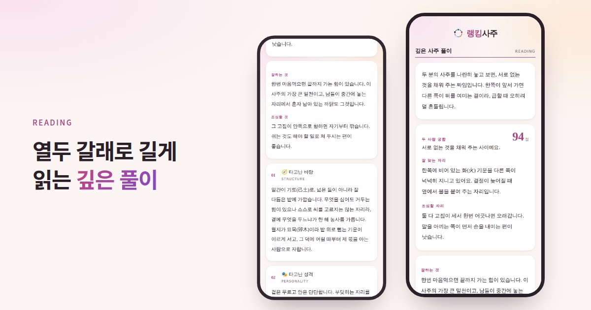 랭킹사주 깊은 사주 풀이 화면 — 타고난 바탕과 성격이 갈래마다 이어지는 모습